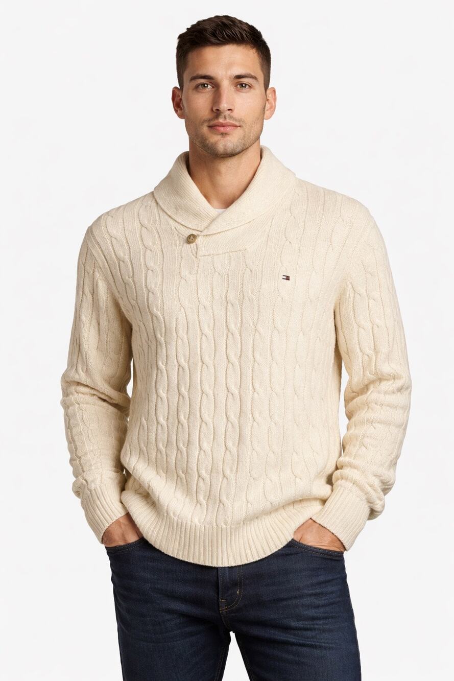 Tommy Hilfiger 2000s Cream Cable Knit Shawl Collar Sweater XL